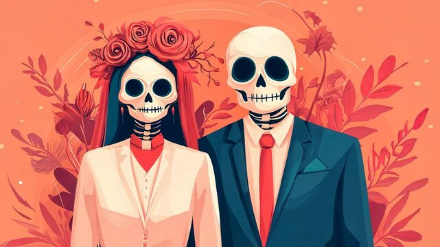 A whimsical illustration of a skeleton couple in wedding attire, beautifully adorned with floral decorations against a vibrant background.