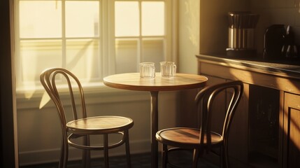 A small round bistro table with two chairs, fitting perfectly into a sunlit corner of a compact urban kitchen