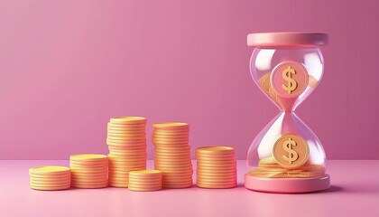 Stylish hourglass filled with coins symbolizes time and money management concepts on a vibrant pink background.