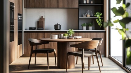 A space-saving round dining table with a foldable design, paired with sleek chairs in a bright and airy kitchen nook