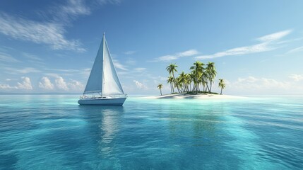 Obraz premium A lone sailboat anchored near a tropical island, crystal-clear water surrounding it, with palm trees swaying gently in the distance under a vibrant blue sky.