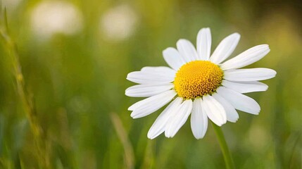 Obraz premium A macro shot of a daisy with a bright yellow center, surrounded by white petals, set against a soft-focus green meadow in the background.