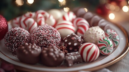 Obraz premium Christmas sweets like peppermint bark, candy canes, and chocolate truffles, arranged on a festive platter ready to be shared. 4K hyperrealistic photo.