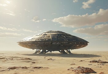 "Alien Spaceship Landing in a Sunlit Desert"