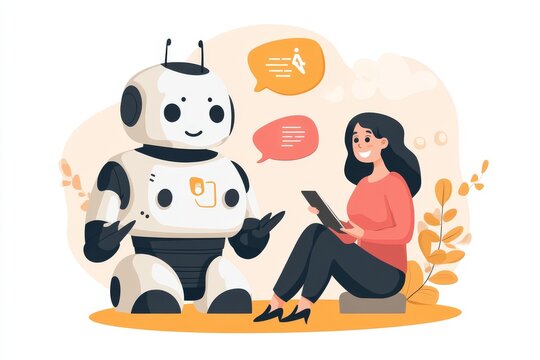 AI chatbot for text creation, young woman prompts virtual assistant to write articles, stock concept, modern illustration.