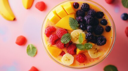 A vibrant fruit juice bowl with a mix of berries, mango, and banana, blended into a smooth