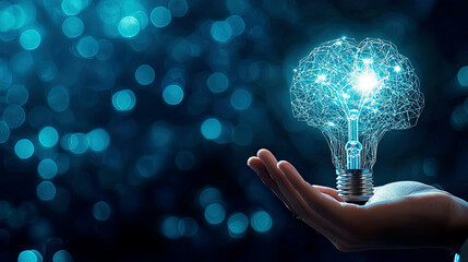 Virtual lightbulb and brain in businessman's hand, blue bokeh backdrop, concept of smart thinking and innovative ideas