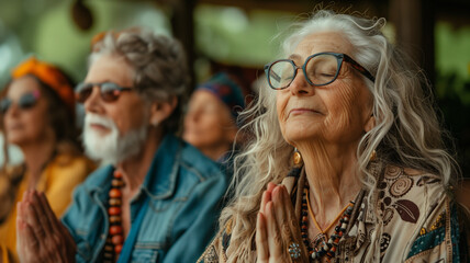 Obraz premium Peaceful senior people meditating in serene setting, embracing tranquility