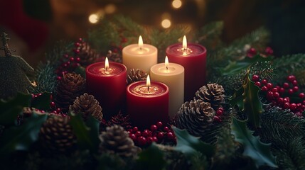Christmas centerpiece with candles transitioning from rich burgundy to pale cream, surrounded by pinecones and holly. 4K hyperrealistic photo.