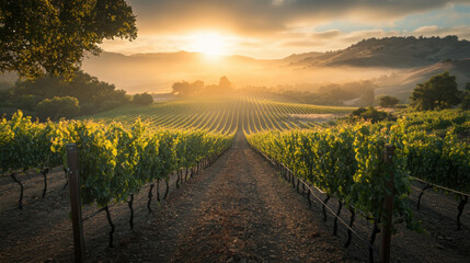 Fototapeta premium A tranquil sunrise over a vineyard, with rows of grapevines illuminated by the soft morning light and the distant hills glowing.