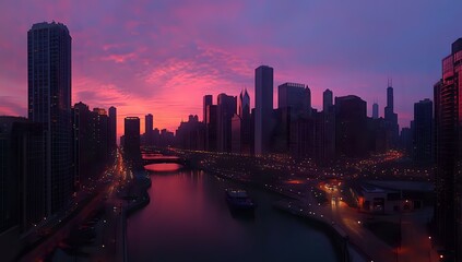 Silhouette of city skyline at sunrise with pink and purple hues.