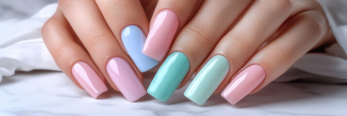 Cute feminine multicolored manicure in a pastel color palette. Shape of nails soft square.