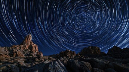 Fototapeta premium A timelapse effect of stars circling in the night sky, their paths creating bright, circular trails above a rocky landscape.