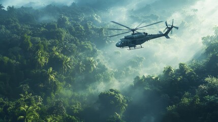 Intense Aerial Combat Scene: War Helicopter Flying Low Over Lush Vietnamese Jungle - Tension-Filled Military Action Photography, Copy Space Available