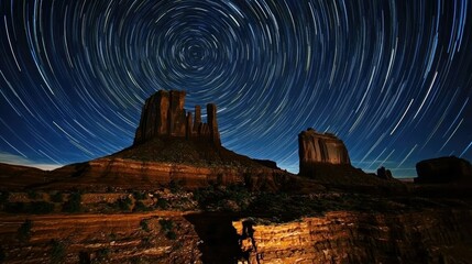 Obraz premium A timelapse effect of stars circling in the night sky, their paths creating bright, circular trails above a rocky landscape.