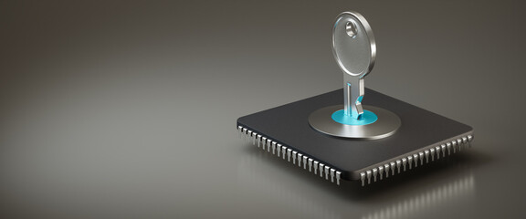 Passkey concept: A key being inserted into a keyhole on top of a microchip. Passkeys are being used...