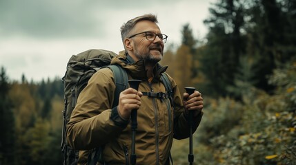 Obraz premium Hiker enjoying a moment of reflection during a trek in a lush forest on an overcast day in autumn