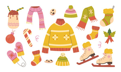Happy holidays elements set. Christmas set jumper, mittens, mush, skates