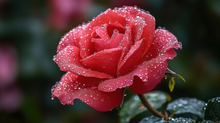 A vibrant red rose adorned with glistening dewdrops, capturing the essence of fresh