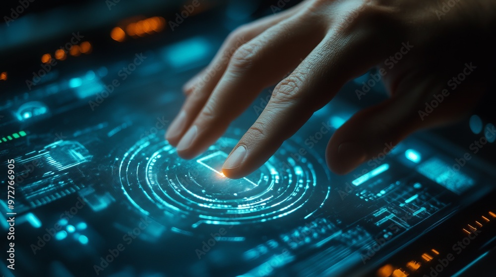 Wall mural man hand using cybersecurity interface