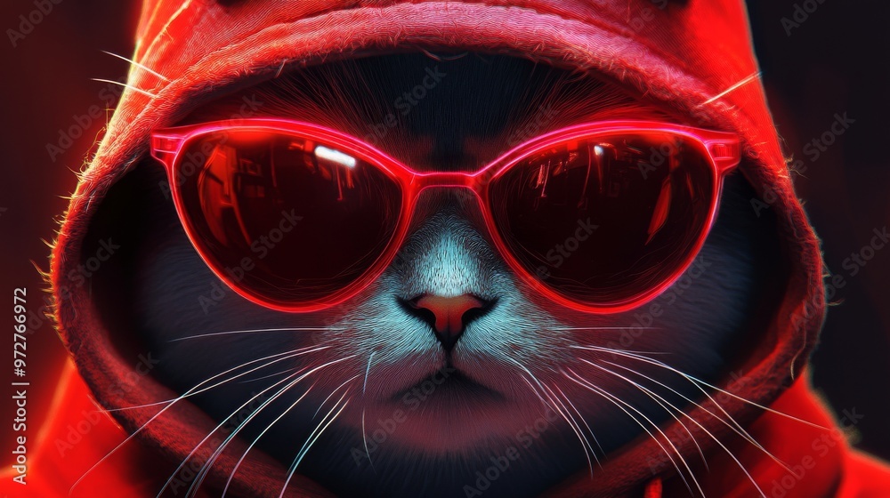 Wall mural Cat rendered in neon cyberpunk style in a pop art style. Created using stock