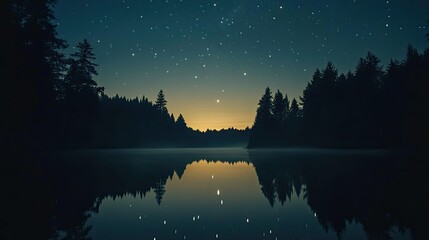 A view of the stars over a calm lake, their reflections twinkling in the still water, with a silhouette of trees along the shore.