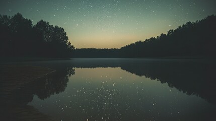 A view of the stars over a calm lake, their reflections twinkling in the still water, with a silhouette of trees along the shore.