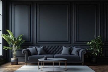 Black interior modern classic. A large black sofa, a sofa in expensive fabric, a green houseplant. Black dark room. AI
