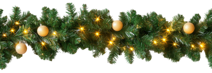 Festive Christmas garland seamless and endless with minimalist decor, green needles, lights for winter holiday decorations. Isolated on transparent background. PNG