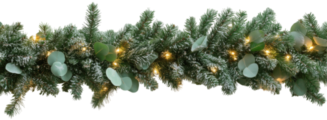 Festive Christmas garland with minimalistic decor, green needles, lights , eucalyptus for winter holiday decorations. Isolated on transparent background. PNG