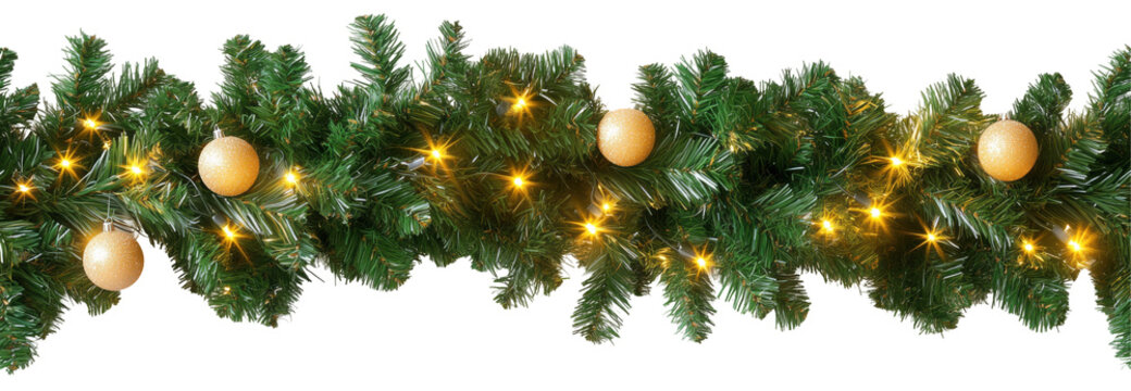 Festive Christmas garland seamless and endless with minimalist decor, green needles, lights for winter holiday decorations. Isolated on transparent background. PNG