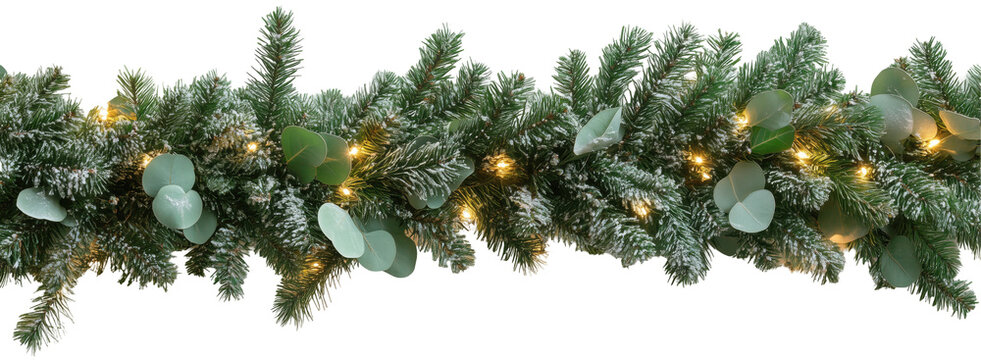 Festive Christmas garland with minimalistic decor, green needles, lights , eucalyptus for winter holiday decorations. Isolated on transparent background. PNG