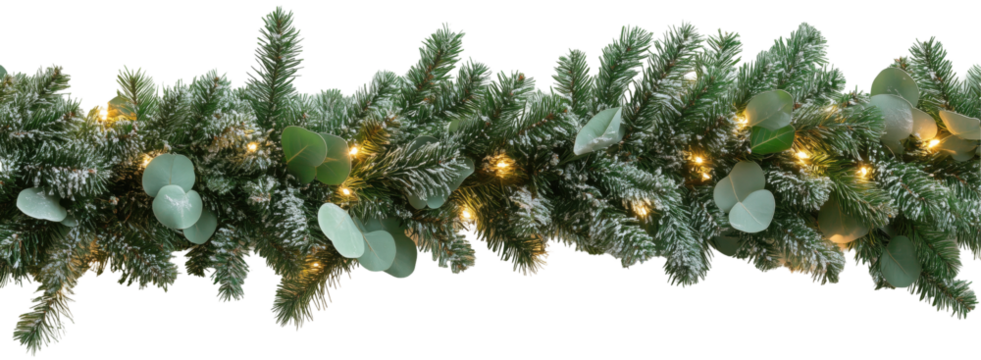Festive Christmas garland with minimalistic decor, green needles, lights , eucalyptus for winter holiday decorations. Isolated on transparent background. PNG