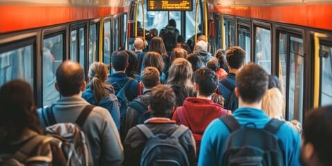 Fototapeta premium A crowded scene inside public transport, capturing the hustle of daily commuters and their diverse styles and expressions.