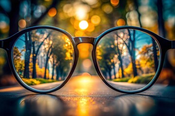Creative perspective through eyeglasses, warm golden hour light in an autumn park scene. Concept: seasonal outdoors, nature