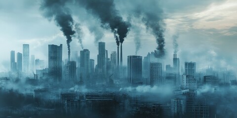 A dramatic cityscape shrouded in smog, highlighting industrial pollution and environmental concerns in a modern urban environment.