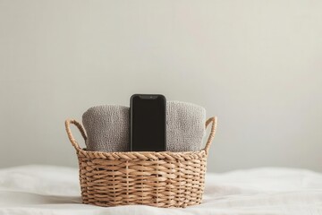 Fototapeta premium Parent placing phones into a No-Phone Zone basket before bedtime, promoting restful sleep habits and a tech-free environment No-phone bedtime, Restful sleep