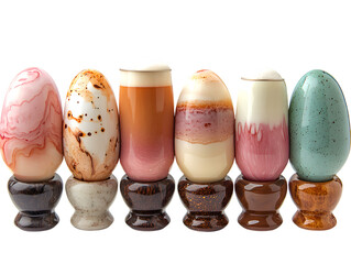  A row of six vibrant glass vases in various colors, showcasing their unique shapes and designs against a neutral background.
