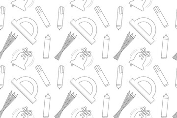 Detailed black-and-white vector illustration featuring school supplies. Ideal for coloring books and educational materials for children.