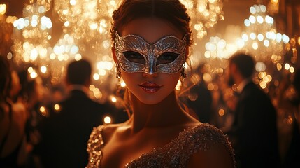 New Yearâ€™s Eve masquerade ball with guests in elegant masks and attire, dancing under chandeliers and sparkling lights. 4K hyperrealistic photo.