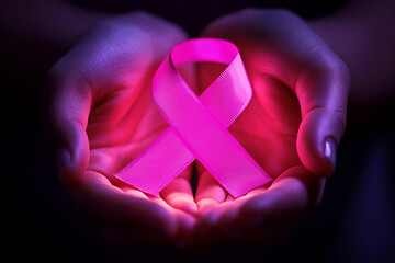 A close up of a woman holding a pink breast cancer awareness ribbon