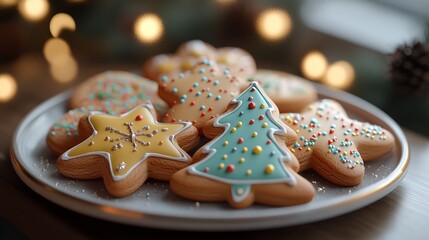 Christmas cookies on a plate, shaped like stars, trees, and gingerbread men, decorated with colorful icing and sprinkles. 4K hyperrealistic photo.