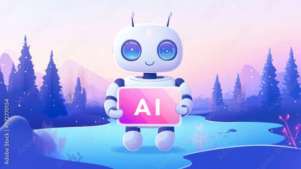 Poster an ai technology creating and generating a photo - illustration of a stock robot character showing a