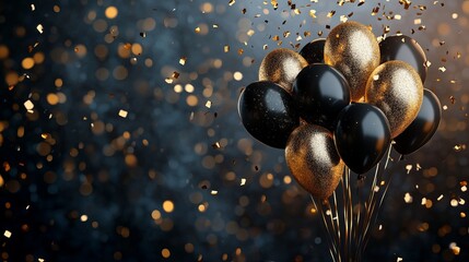 Naklejka premium An elegant arrangement of black and gold balloons with golden confetti raining down, set against a dark background to create a festive and stylish tone.