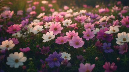 Fototapeta premium Aerial shot of a sprawling field of cosmos flowers with a blend of pink, white, and purple hues, creating a dreamy floral landscape.
