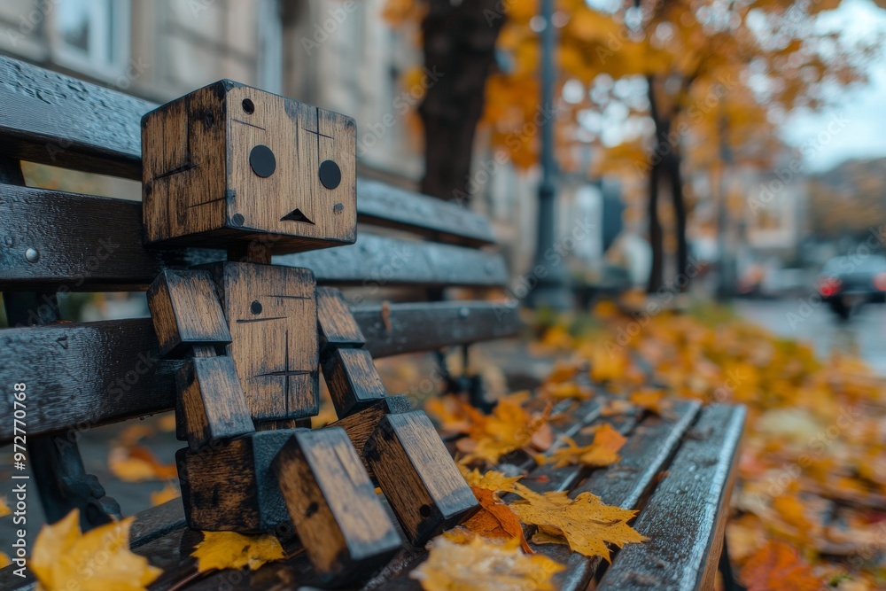 Poster using generative animation techniques, a lonely robot sits on a bench in a park against a background