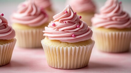 Delicate vanilla cupcakes topped with generous pink frosting swirls, set against a soft pastel background, showcasing a meticulously decorated and visually appealing dessert treat.