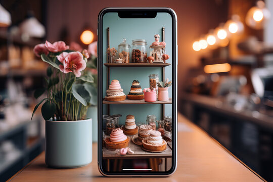 A smartphone displaying an arrangement of beautifully crafted pastries on its screen, set against a cozy cafe background with soft lighting and a potted plant nearby. - Powered by Adobe