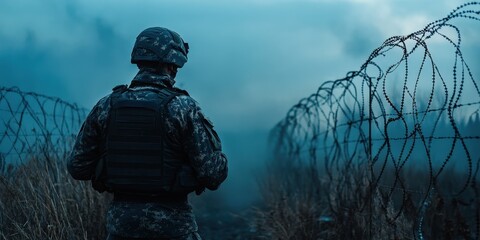A soldier stands guard near barbed wire, embodying themes of vigilance and duty in a moody, atmospheric setting.