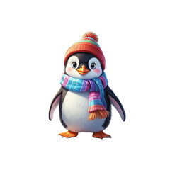 Fototapeta premium Charming Winter Penguin. Cute Penguin in Hat and Scarf Standing in Snow Under a New Year Sky